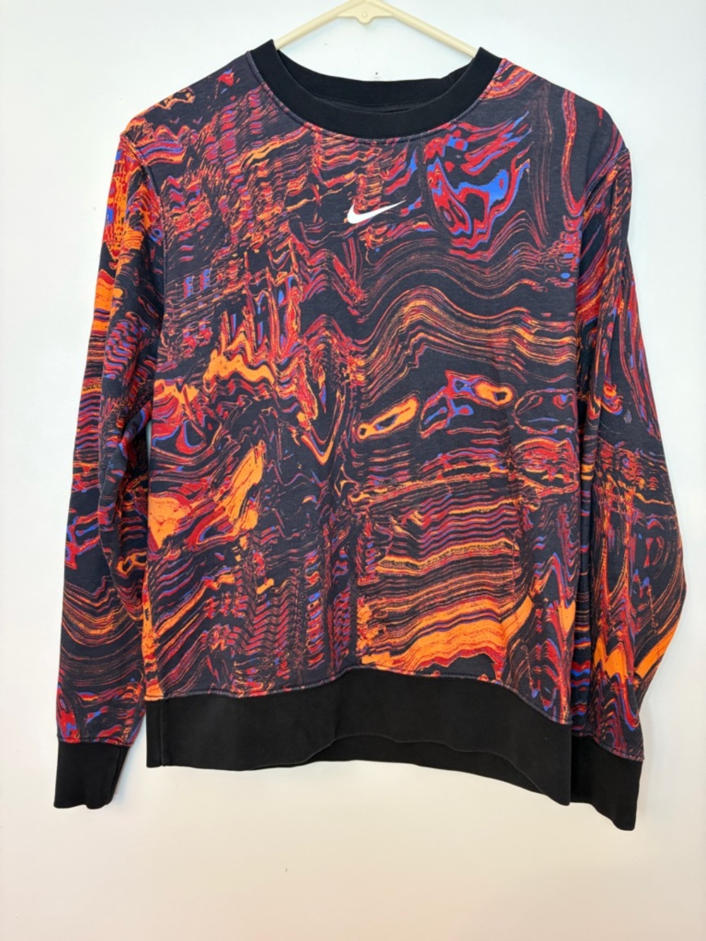 Nike Abstract Print Sweatshirt XS Orange Black Loose Fit Crewneck